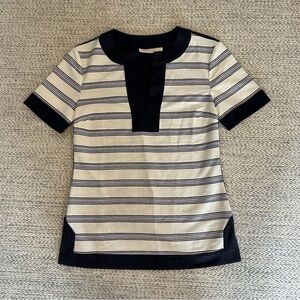 Tory Burch Striped Short Sleeve Linen Blend Navy Blue Shirt Top Size XS